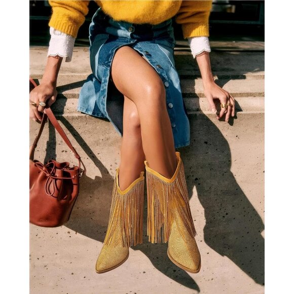 ⚡Women's Yellow Ankle Boots Western Rhinestone Sparkly Fringe Chunky Heel - Picture 3 of 7